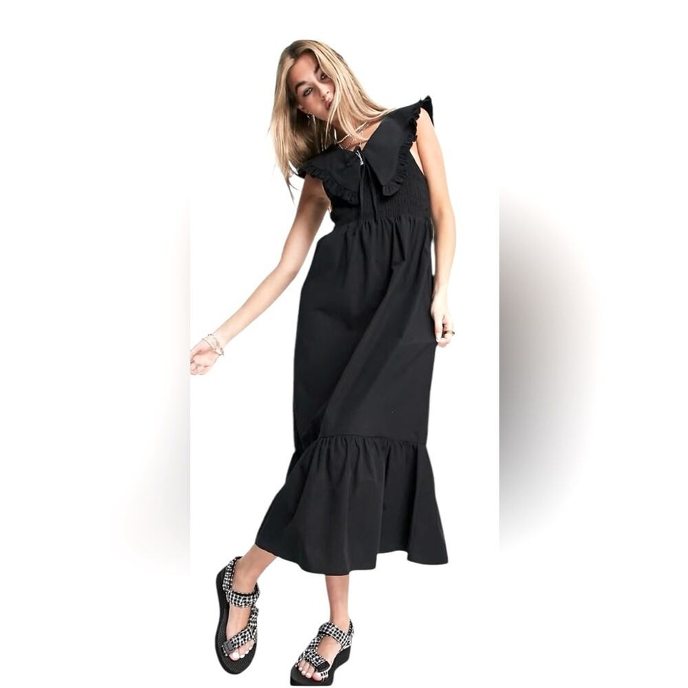 Topshop Oversized Collar Shirred Midi Dress in Black, size 6